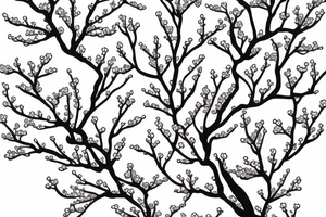 fine line branching cherry blossoms with delicate feminine design elements for sternum placement tattoo idea