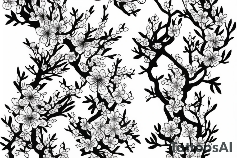 fine line branching cherry blossoms with delicate feminine design elements for sternum placement tattoo idea