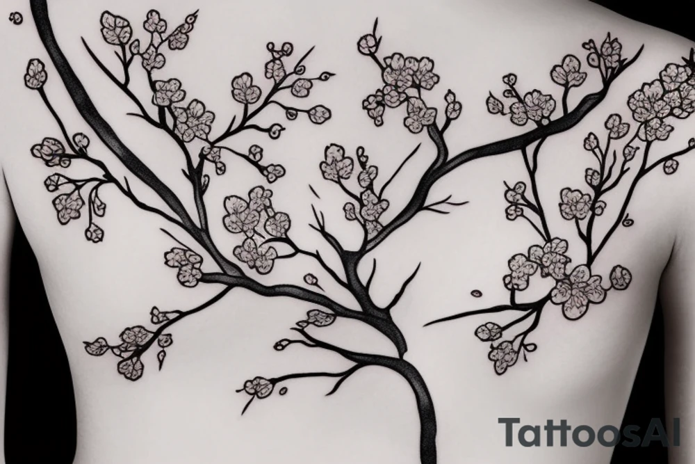 fine line branching cherry blossoms with delicate feminine design elements for sternum placement tattoo idea