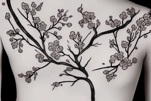 fine line branching cherry blossoms with delicate feminine design elements for sternum placement tattoo idea
