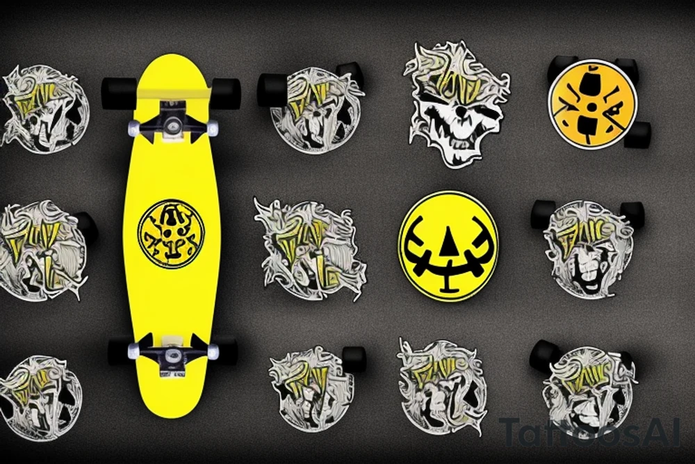 yellow pennywise band symbol in a skateboard tattoo idea