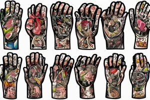 2 boxing wrapped hands praying in a church of electronic music with sins of cheating and grief of family tattoo idea