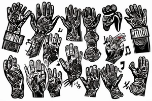 2 boxing wrapped hands praying in a church of electronic music with sins of cheating and grief of family tattoo idea