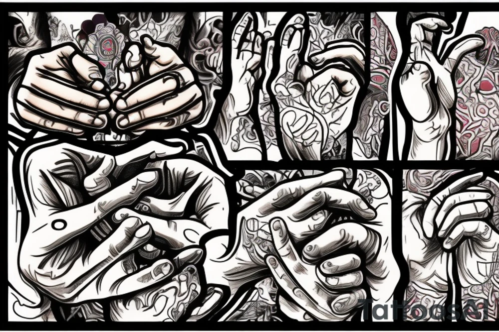 2 hands of a boxer that are praying in a church of electronic music with sins of cheating and grief of family tattoo idea