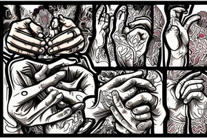 2 hands of a boxer that are praying in a church of electronic music with sins of cheating and grief of family tattoo idea