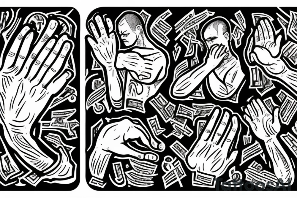 2 hands of a boxer that are praying in a church of electronic music with sins of cheating and grief of family tattoo idea