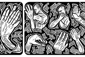 2 hands of a boxer that are praying in a church of electronic music with sins of cheating and grief of family tattoo idea