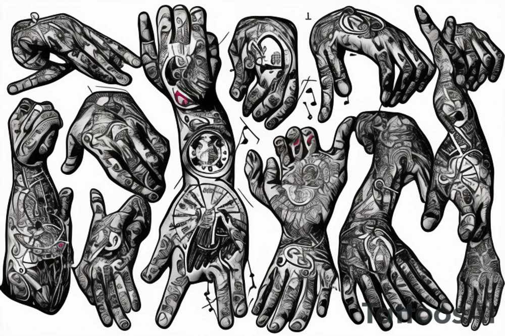 2 hands of a boxer that are praying in a church of electronic music with sins of cheating and grief of family tattoo idea