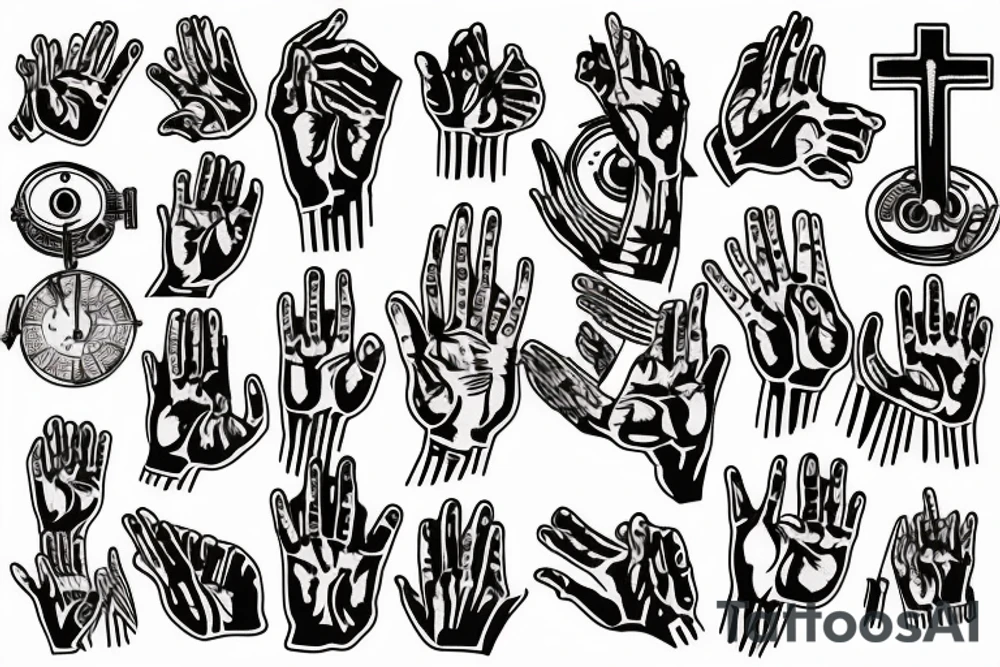 2 hands praying in a church of electronic music with sins of cheating and grief of family tattoo idea