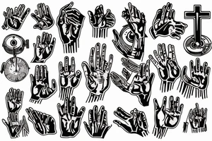 2 hands praying in a church of electronic music with sins of cheating and grief of family tattoo idea