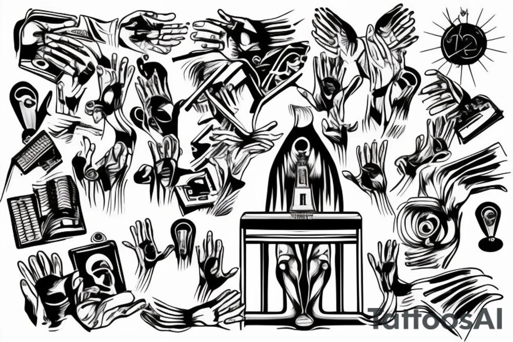 2 hands praying in a church of electronic music with sins of cheating and grief of family tattoo idea