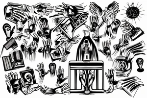 2 hands praying in a church of electronic music with sins of cheating and grief of family tattoo idea