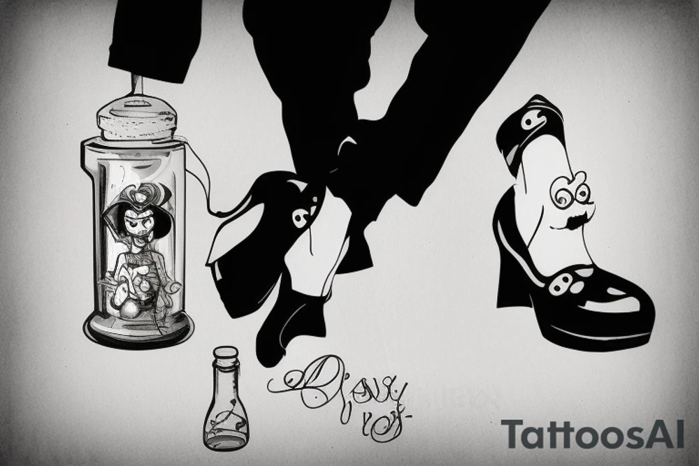 Clown as message in a bottle with big shoes. tattoo idea