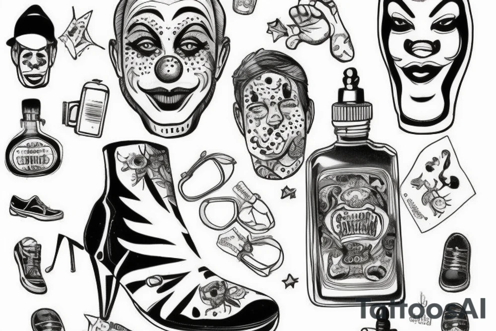 Clown as message in a bottle with big shoes. tattoo idea