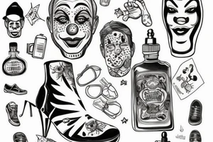 Clown as message in a bottle with big shoes. tattoo idea
