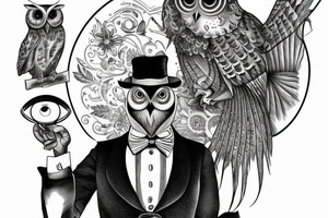 An owl wearing a tailcoat and a monocle. tattoo idea