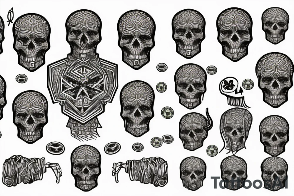 Plato's bodies with many lines and skulls and coins and lamb of god tattoo idea