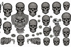 Plato's bodies with many lines and skulls and coins and lamb of god tattoo idea