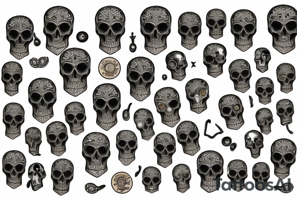 Plato's bodies with many lines and skulls and coins and lamb of god tattoo idea