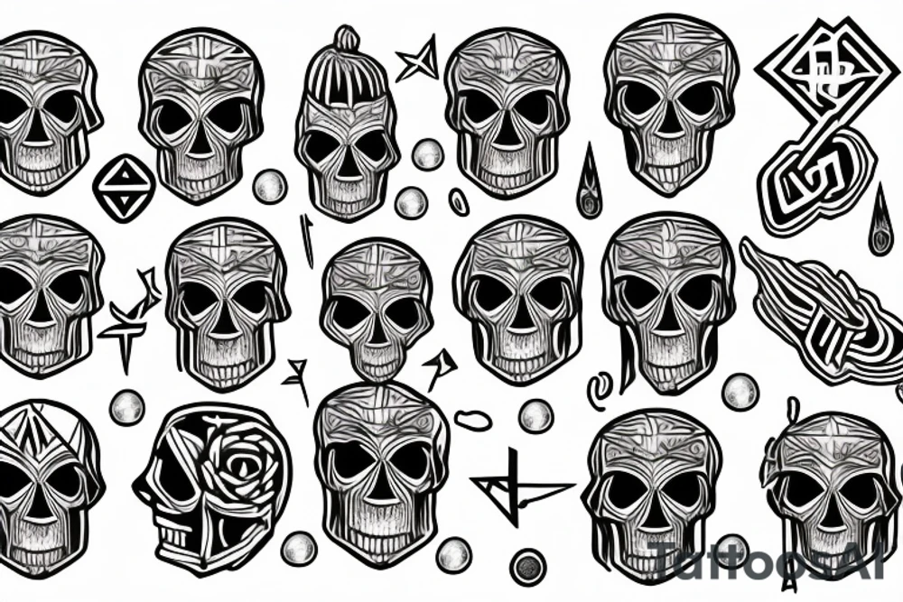 Plato's bodies with many lines and skulls and coins and lamb of god tattoo idea