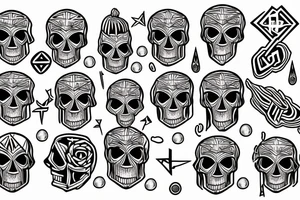 Plato's bodies with many lines and skulls and coins and lamb of god tattoo idea