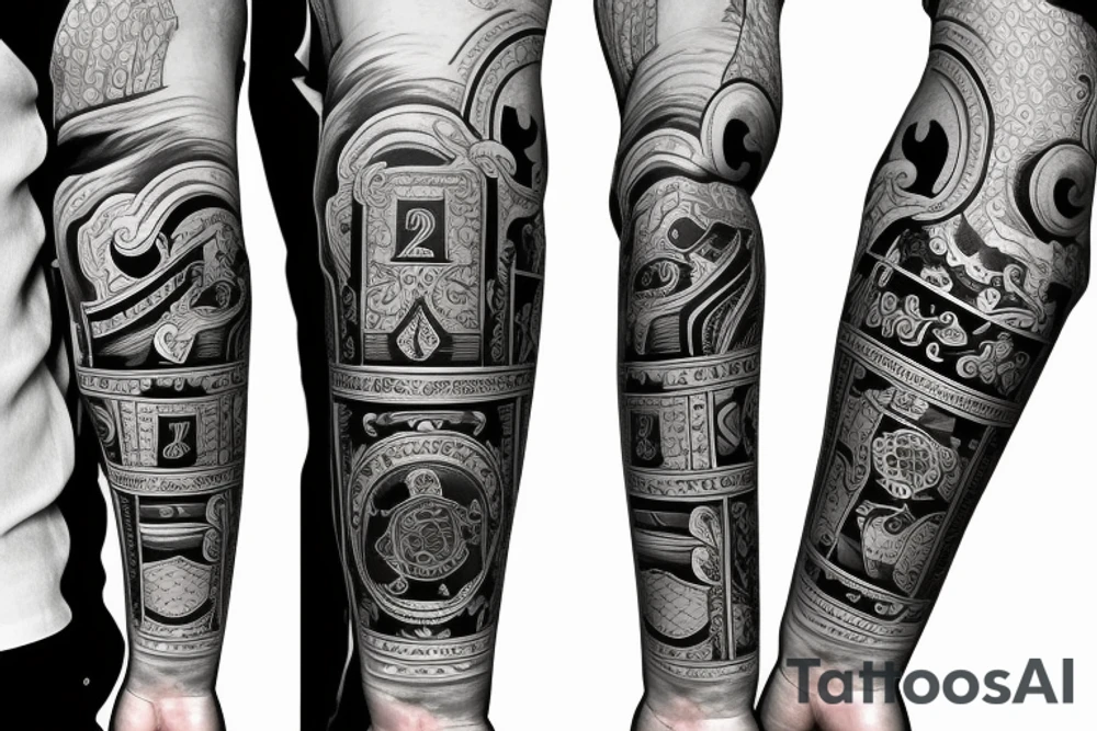 royal flush poker hand with poker chips in a long sleeve design tattoo idea
