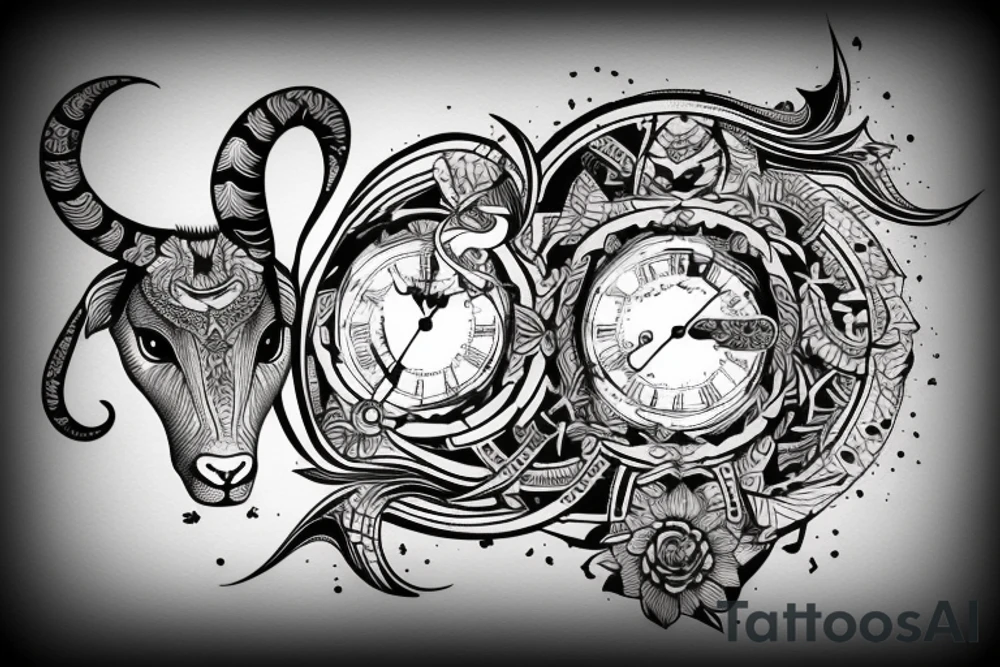 Capricorn and clock behind tattoo idea