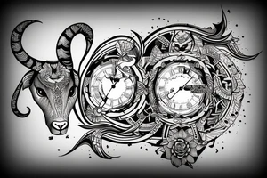Capricorn and clock behind tattoo idea