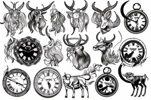 Capricorn and a clock behind tattoo idea