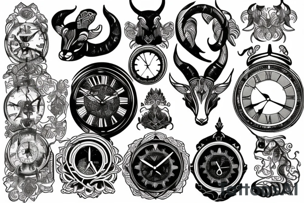 Capricorn and a clock behind tattoo idea