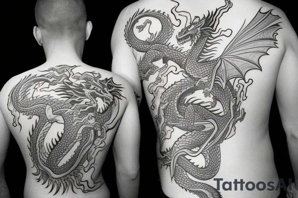 A back tattoo of a dragon that is just the outline with no color. tattoo idea