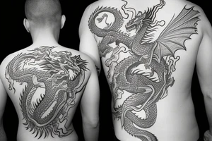 A back tattoo of a dragon that is just the outline with no color. tattoo idea