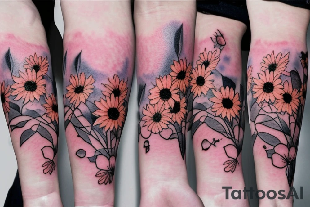Flowers cherry blossom and sewing machine and sunflower tattoo idea