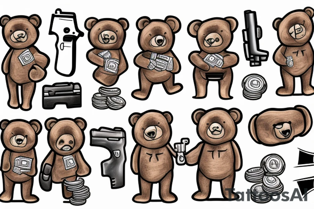 teddy bear with a gun and money in his hands tattoo idea