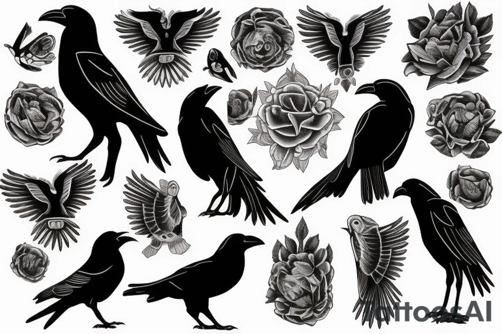 detailed black crow with offspring tattoo idea