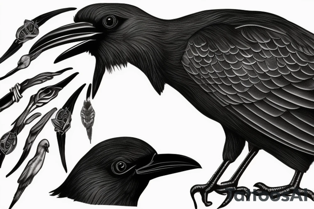 detailed black crow with offspring tattoo idea