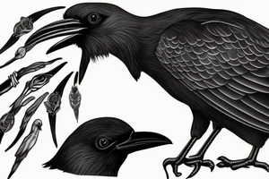 detailed black crow with offspring tattoo idea