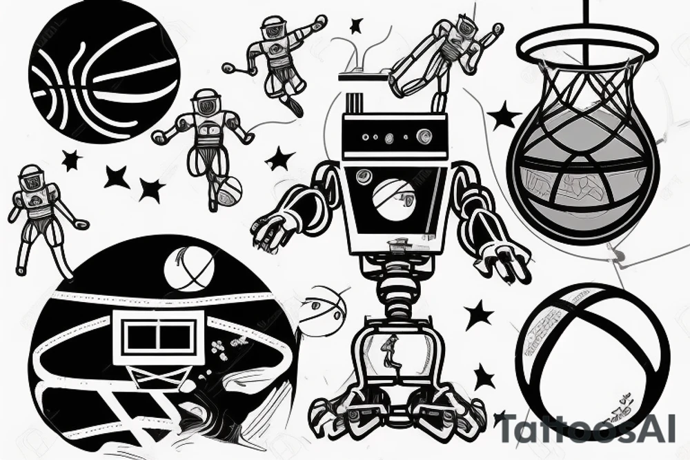 flying Robot Play basketball in space tattoo idea