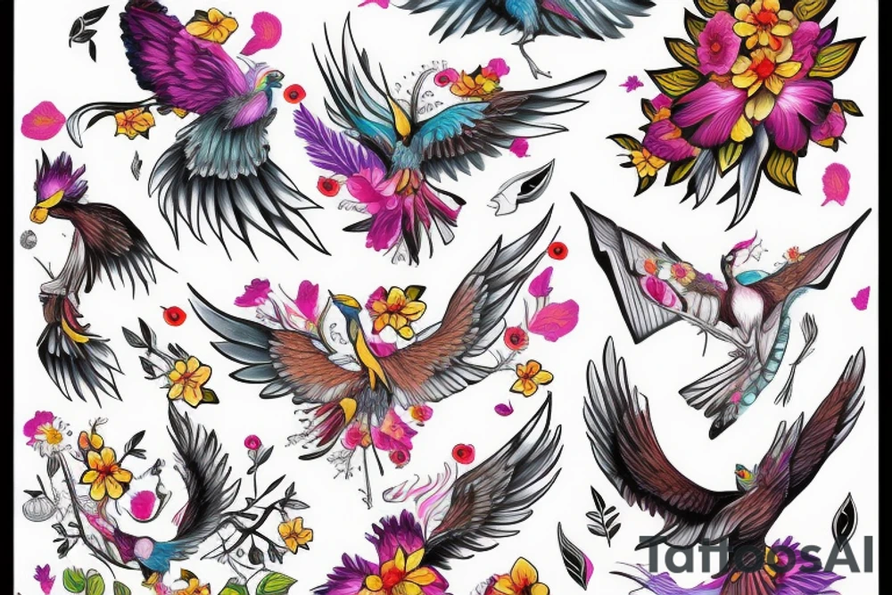 Phoenix bird with flower body tattoo idea