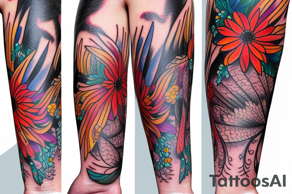 Phoenix bird with flower body tattoo idea