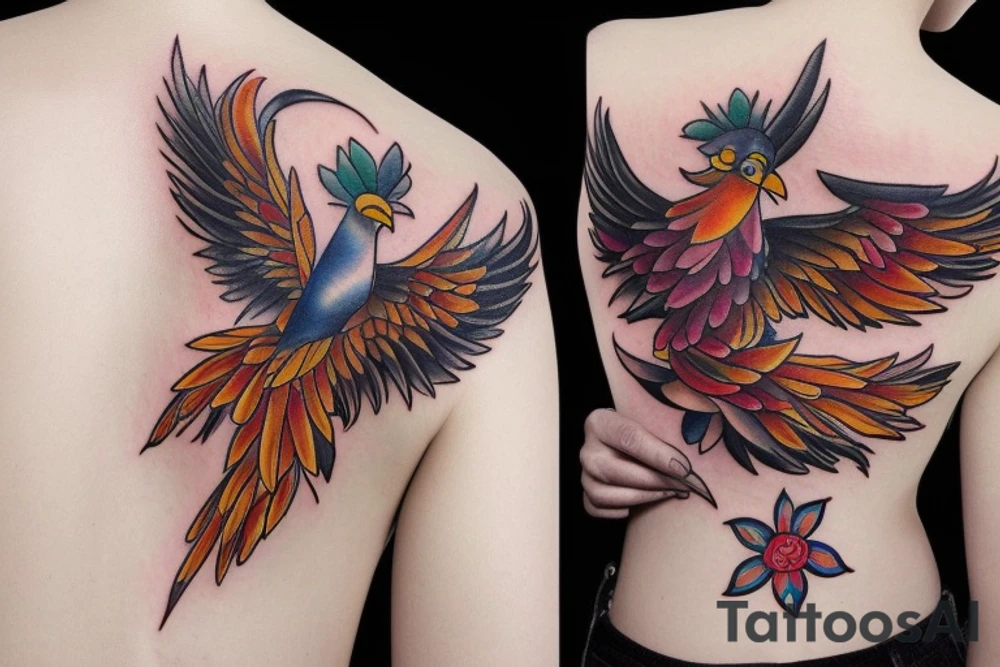 Phoenix bird with flower body tattoo idea