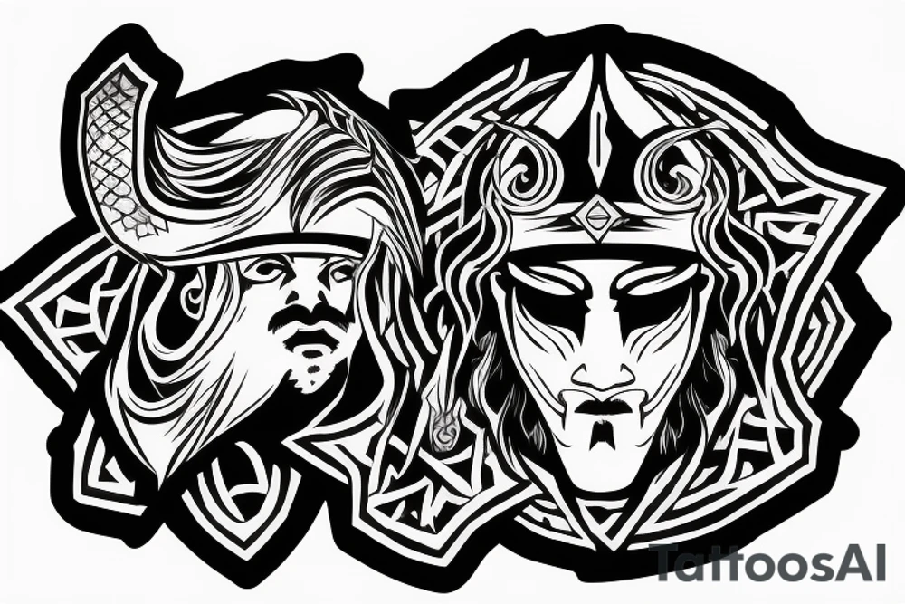 divine warrior wizard hood caduceus epic god face details legend tattoo idea