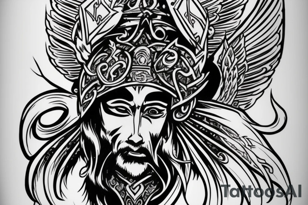 divine warrior wizard hood caduceus epic god face details legend tattoo idea