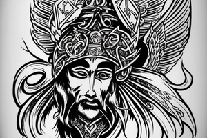 divine warrior wizard hood caduceus epic god face details legend tattoo idea