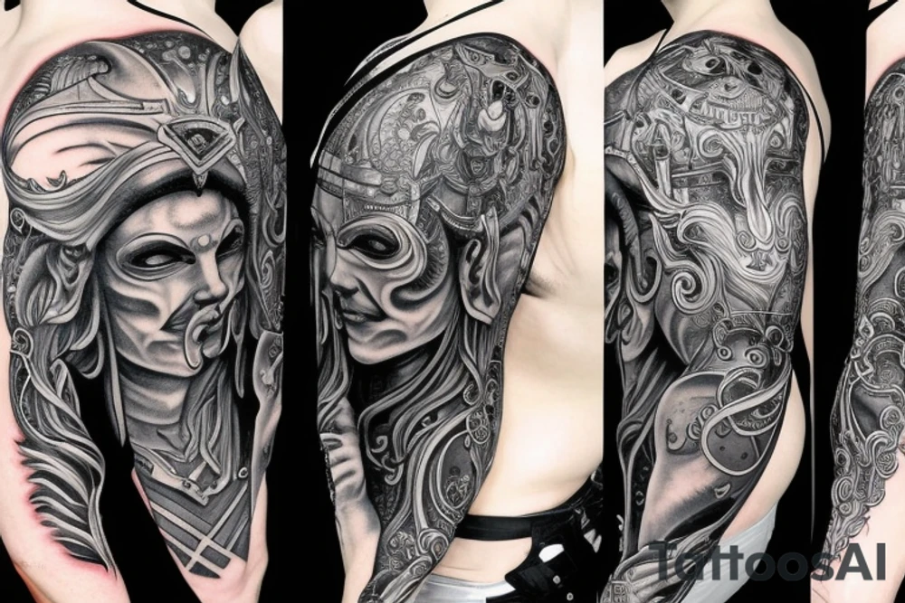 divine warrior wizard hood caduceus epic god face details legend tattoo idea