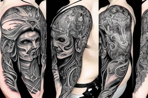 divine warrior wizard hood caduceus epic god face details legend tattoo idea