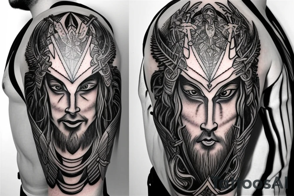 divine warrior wizard hood caduceus epic god face details legend tattoo idea