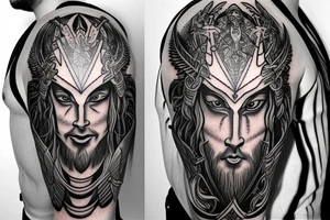 divine warrior wizard hood caduceus epic god face details legend tattoo idea
