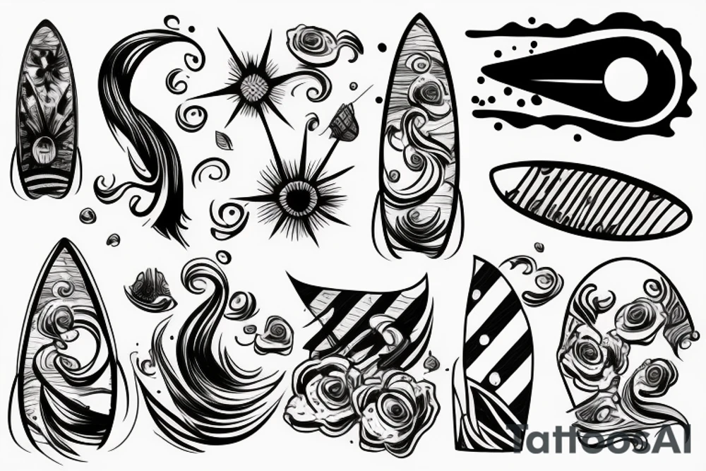 Wave with surf board and sunset tattoo idea