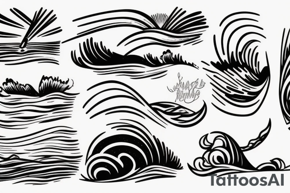 Wave with surf board and sunset tattoo idea